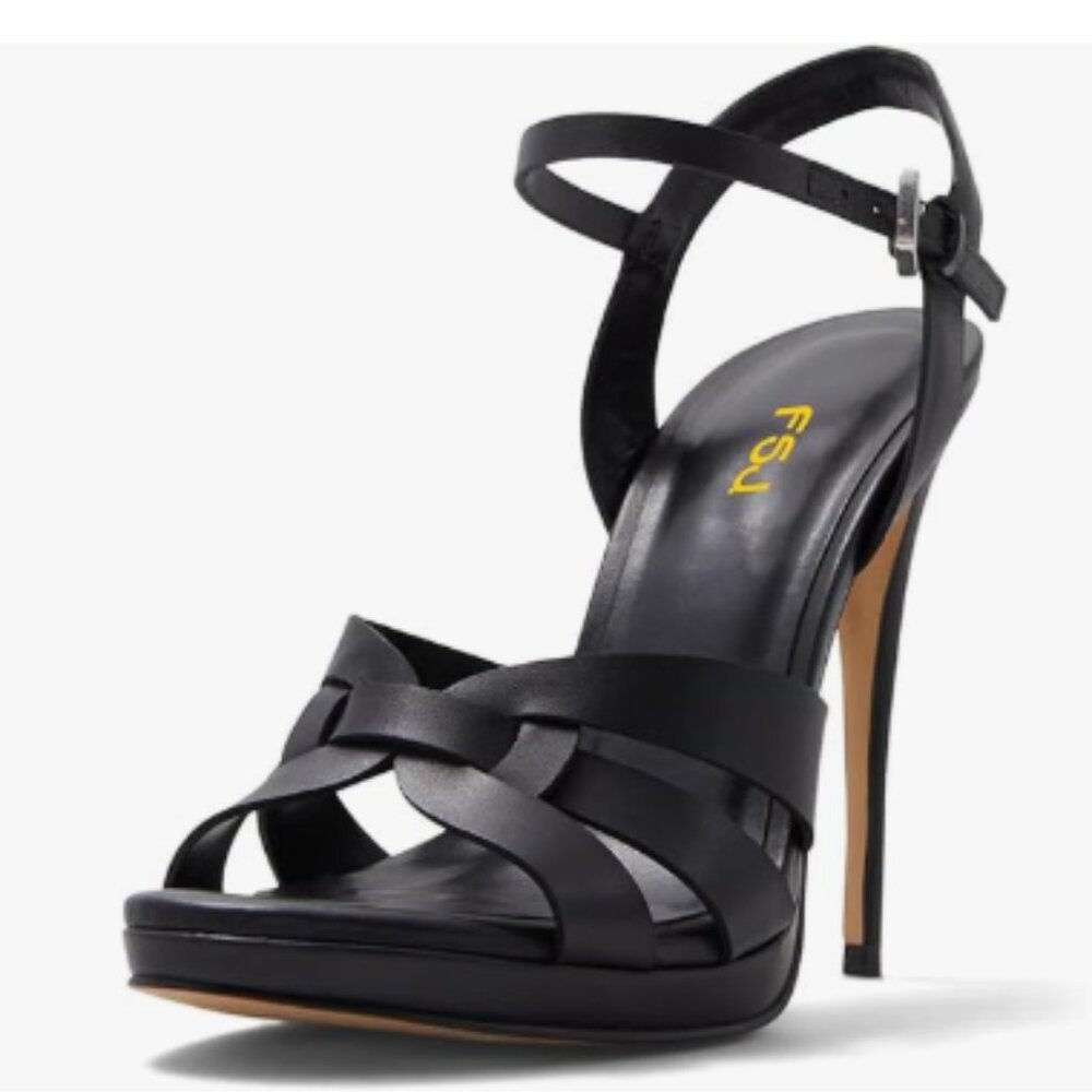 FSJ Black High Heel Strappy Sandals Open Toe Ankle Strap Platform Shoes